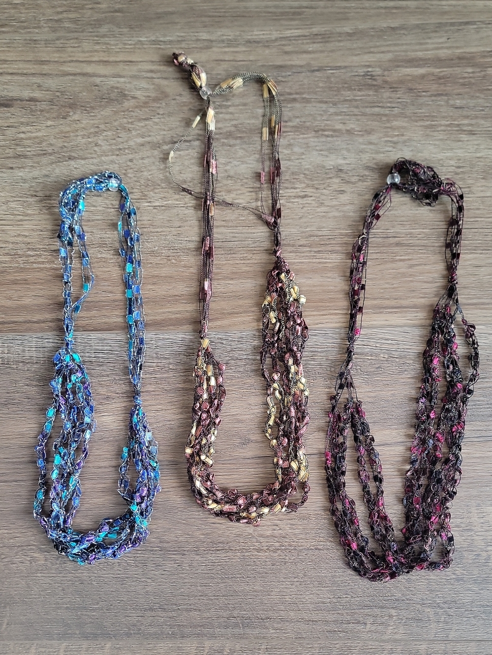 Handmade Necklaces Crocheted Ladder Ribbon Yarn- Blue,Gold,and Pink Set Of 3